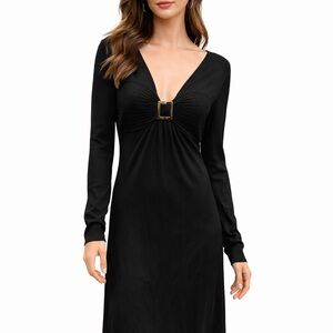 BCBGMAXAZRIA Black Ribbed Midi Dress Buckle Front Long Sleeve Size L/New